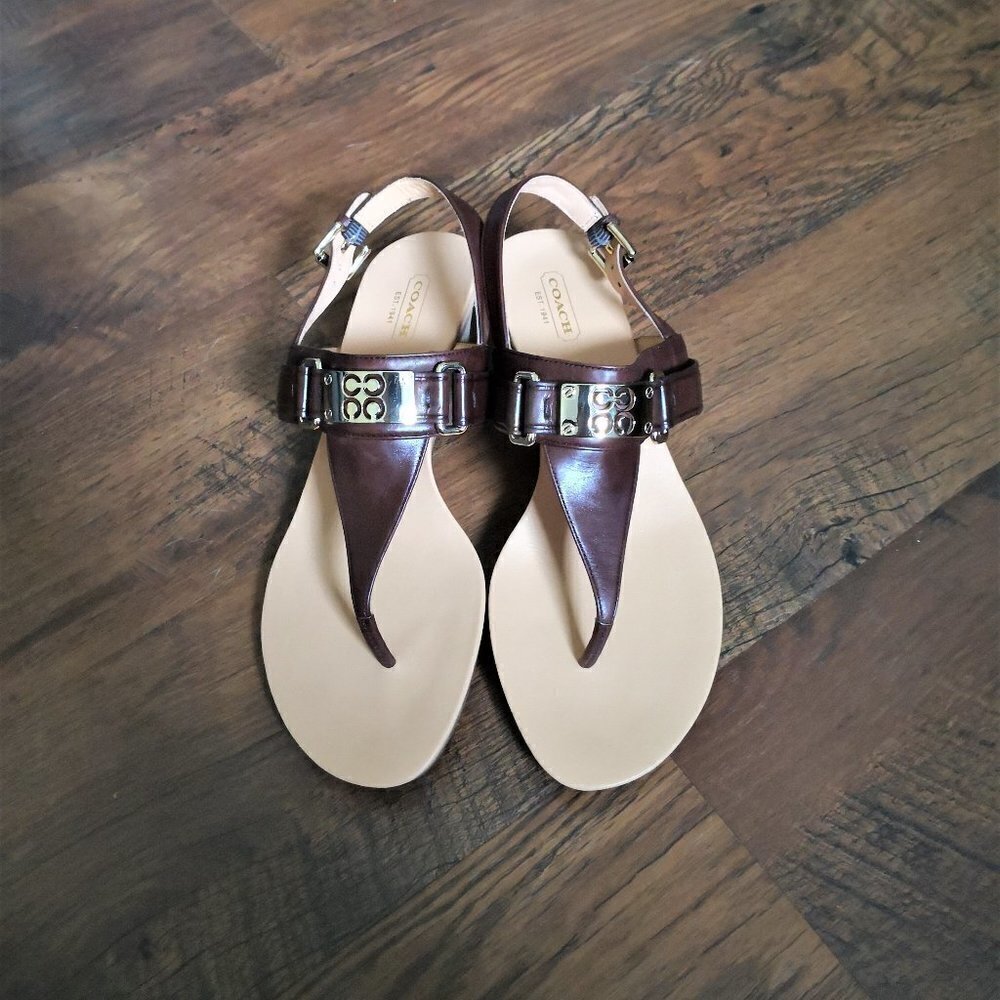 Brand New Coach Leather Danielle T-Strap Wedges Sandals Brown/Tan‎ Size 9B
